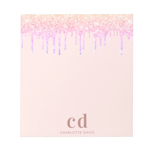 Bloc-note parties scintillant rose or rose monogramme initia (Devant)