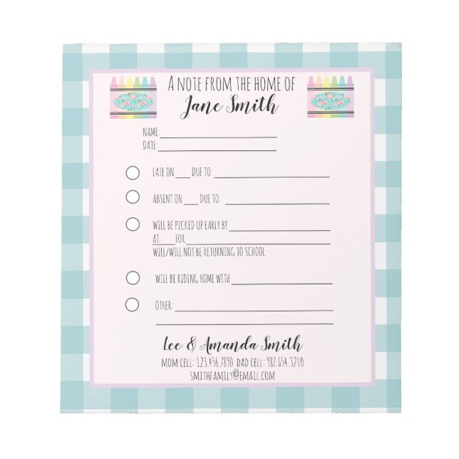 Bloc-note Pastel Floral Crayon School Note Pardon 1 enfant (Devant)