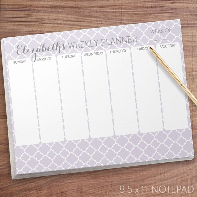 Bloc-note Pastel Purple Grey Quatrefoil avec planificateur h (Weekly Planner Notepad - Personalized)