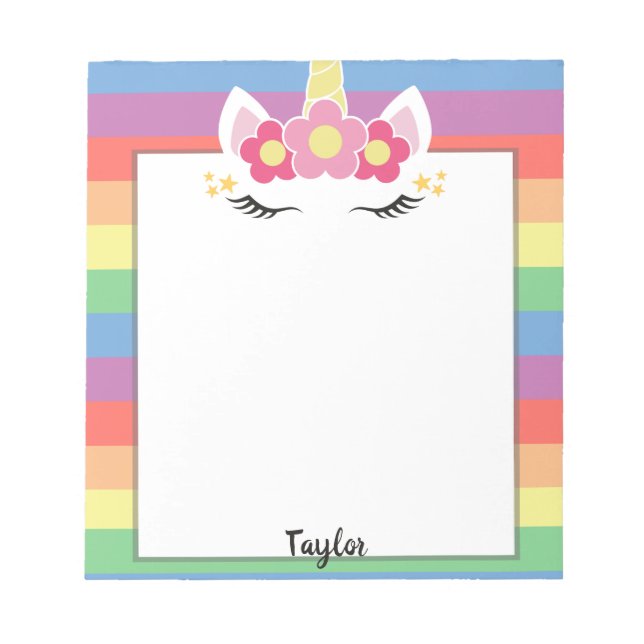 Bloc-note Pastel Rainbow Unicorn Nom personnalisé (Devant)