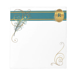 Bloc-note Peacock Turquoise monogramme avec des notes d'or