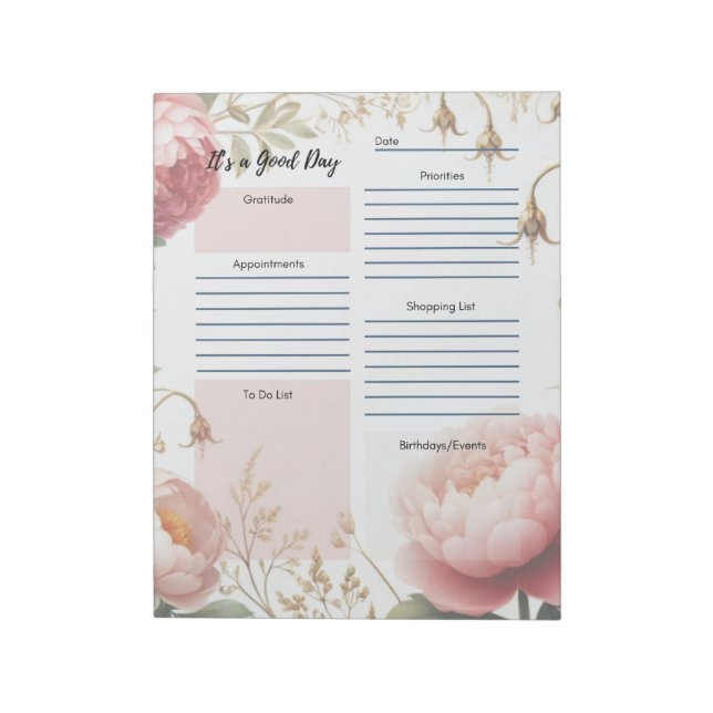 Bloc-note Peonies du planificateur quotidien Frontière flora (Tourné)