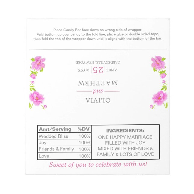 Bloc-note Peonies roses Mariages floraux Wrappers à bonbons (Devant)