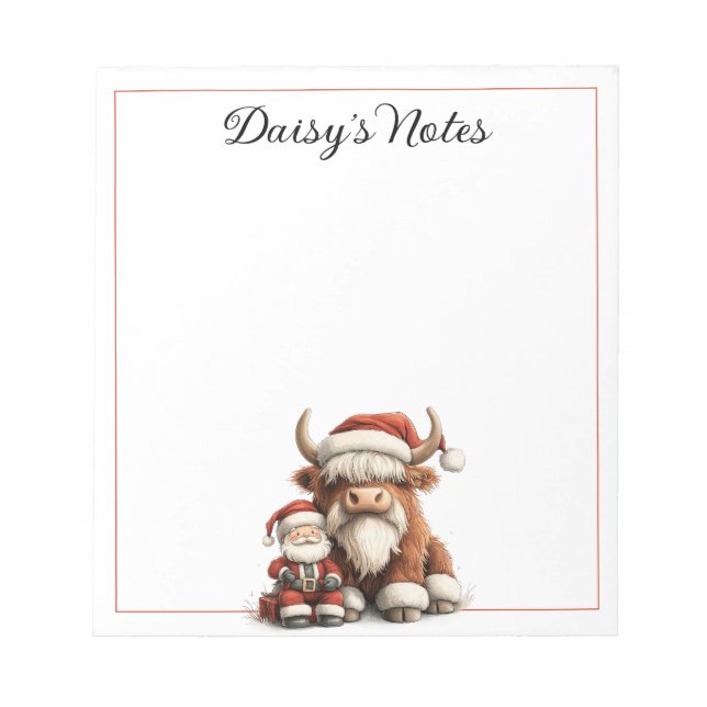 Bloc-note Père Noël et vache Highland personnalisés (Devant)