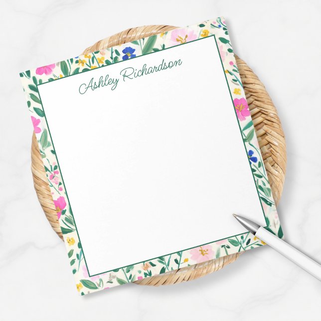 Bloc-note Personalized Floral Garden (colorful fun floral garden notepad personalized with custom name monogram in calligraphy script)