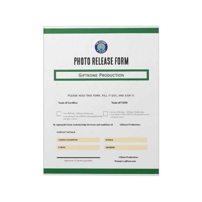 Bloc-note Photo Release Form Notepad (Tourné)