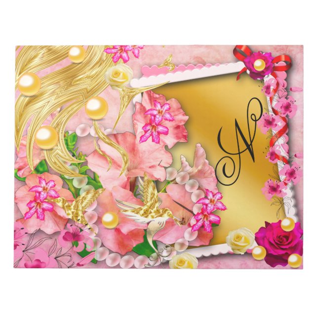 Bloc-note Pink Floral Collage Fairy Gold Bird Monogramme (Devant)