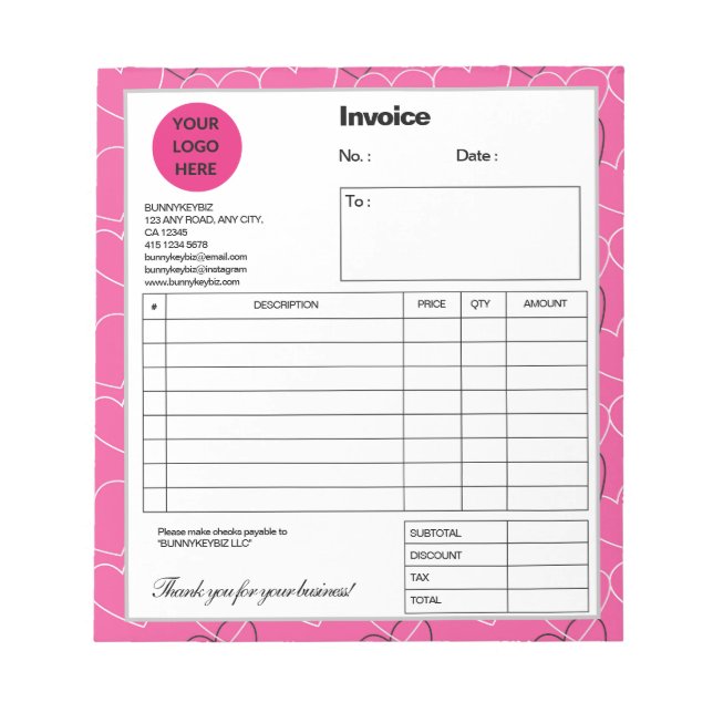 Bloc-note Pink White Doodle Entreprise Magasin Facture (Devant)