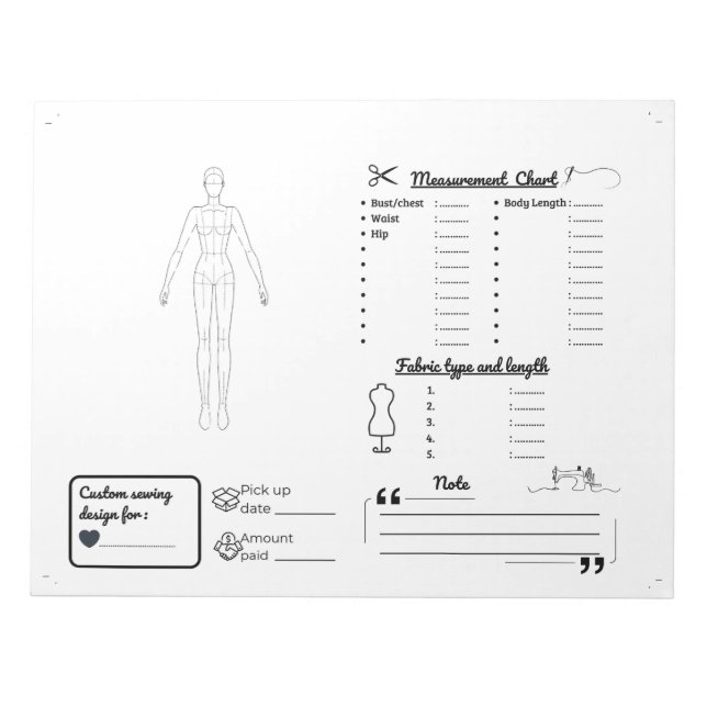 Bloc-note Plan du projet de couture et suivi de mesure (Devant)