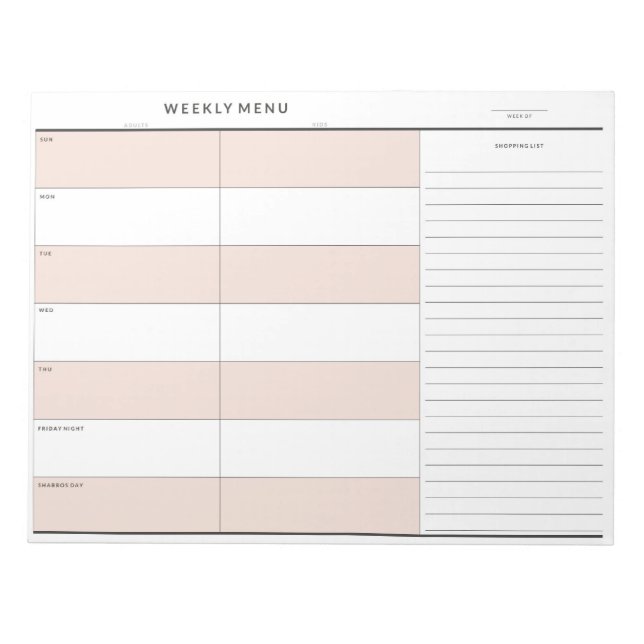 Bloc-note Planificateur de menu hebdomadaire (Devant)