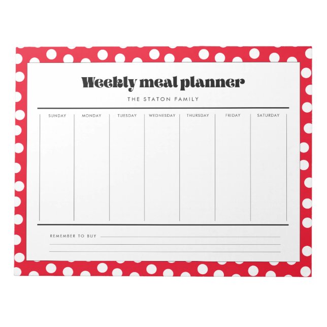 Bloc-note Planificateur de repas hebdomadaire simple et rétr (Devant)