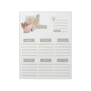 Bloc-note Planificateur Hebdomadaire Calendaire Floral Vert