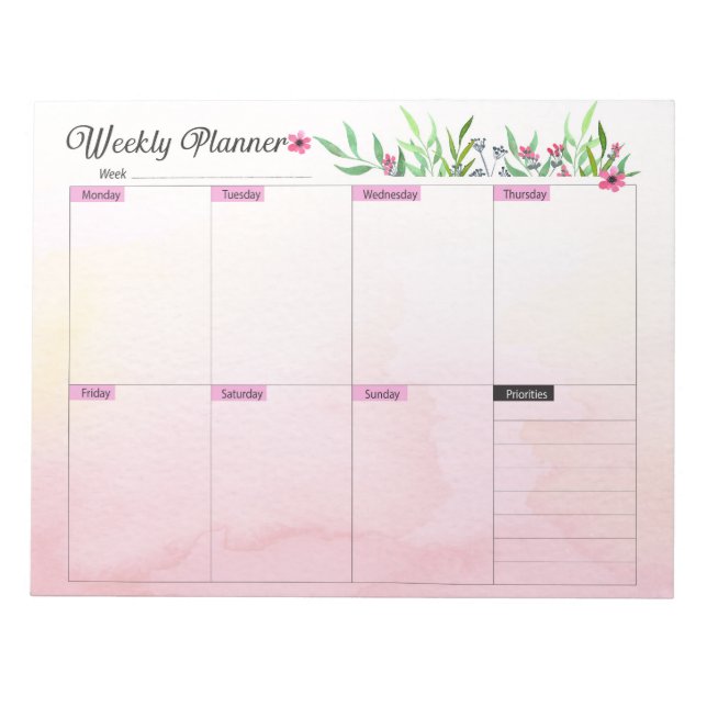 Bloc-note Planificateur hebdomadaire - Style floral rose (Devant)