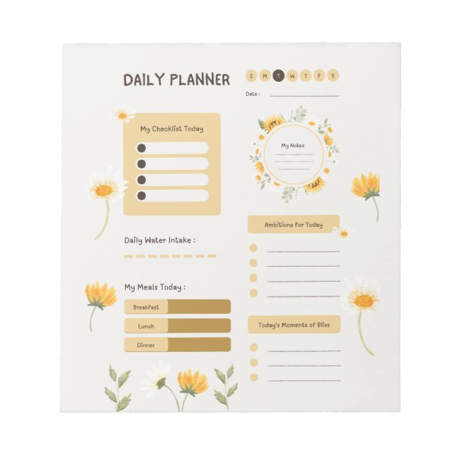 Bloc-note Planificateur quotidien floral avec tournesols et  (Devant)