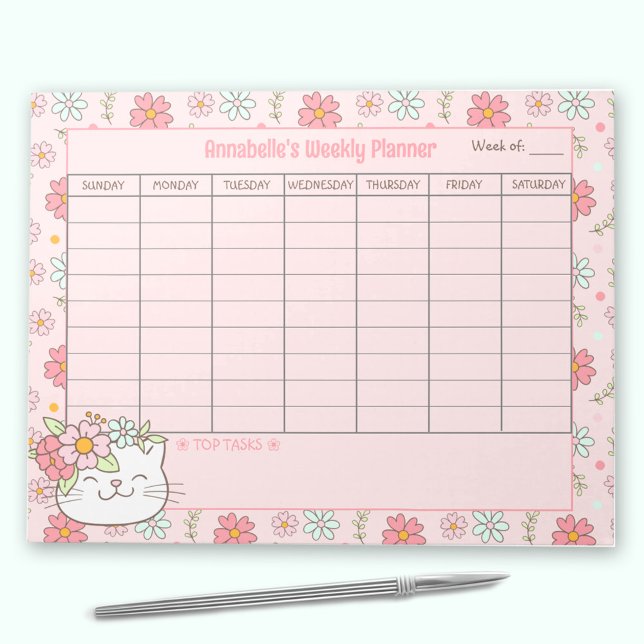 Bloc-note Planner hebdomadaire Cute Chat Rose Nom Floral Tea (Weekly Planner Cute Cat Pink Floral Name Tear Away Notepad)