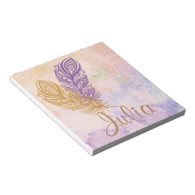Bloc-note Plumes violettes et or Peach Imaginaire aquarelle (Incliné)