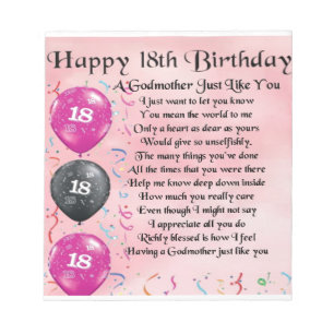 Bloc-note Poème de marraine - 18ème anniversaire