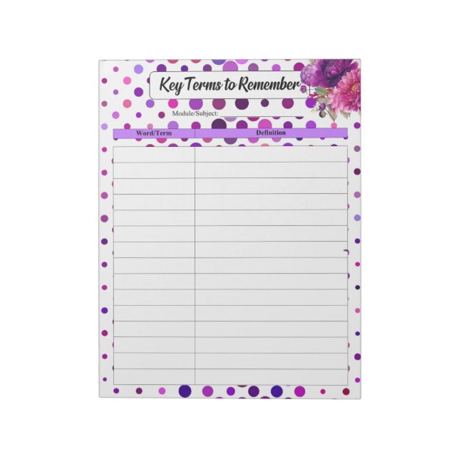 Bloc-note Pois floraux violets _ Termes clés à retenir (Tourné)