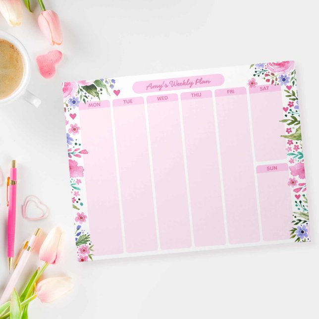 Bloc-note Pour Son Aquarelle Rose Floral Plan hebdomadaire (For Her Pink Watercolor Floral Weekly Plan Notepad)