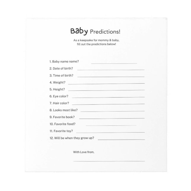 Bloc-note Prédictions universelles de Baby shower neutre pou (Devant)