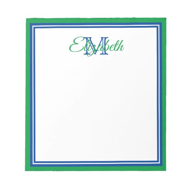 Bloc-note Préparé Vert Kelly Clair et Monogramme Bleu Foncé (Devant)