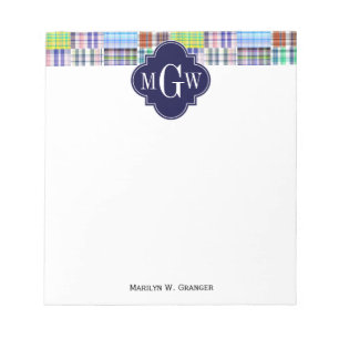 Bloc-note Preppy Patchwork Madras Navy Quatrefoil Monogramme