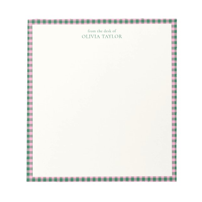 Bloc-note Preppy Pink Green Gingham Plaid Personalized Name (Devant)