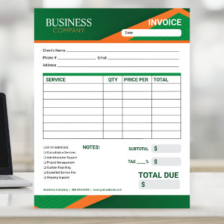 Bloc-note Professional Green with Orange Stripe Invoice Form
