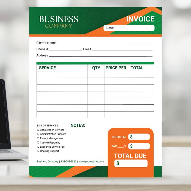 Bloc-note Professional Green with Orange Stripe Invoice Form (Créateur téléchargé)