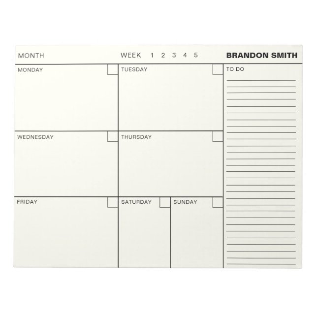 Bloc-note Programme hebdomadaire minimaliste personnalisé (Devant)