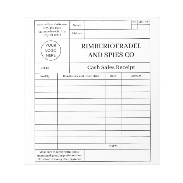 Bloc-note reçu de vente au comptant moderne (Devant)
