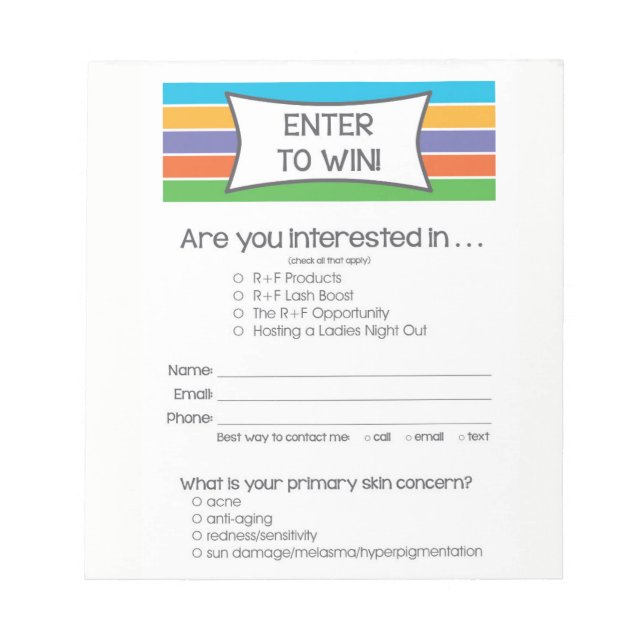 Bloc-note Rodan + Fields Inspiré Concours pour Gagner (Devant)