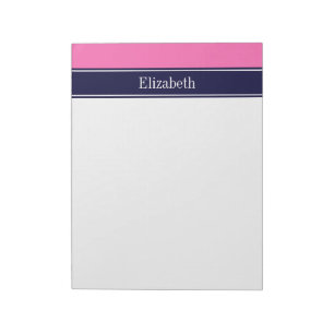 Bloc-note Rose Chaud Uni #2, Monogramme avec Ruban Bleu Mari