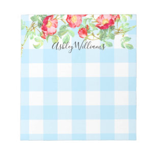 Bloc-note Rose Rouge Floral Plaid Bleu Buffalo Script Monogr