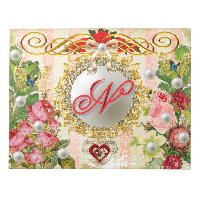 Bloc-note Rose Rouge Rose Bleu papillon argent Pearl Damask (Devant)