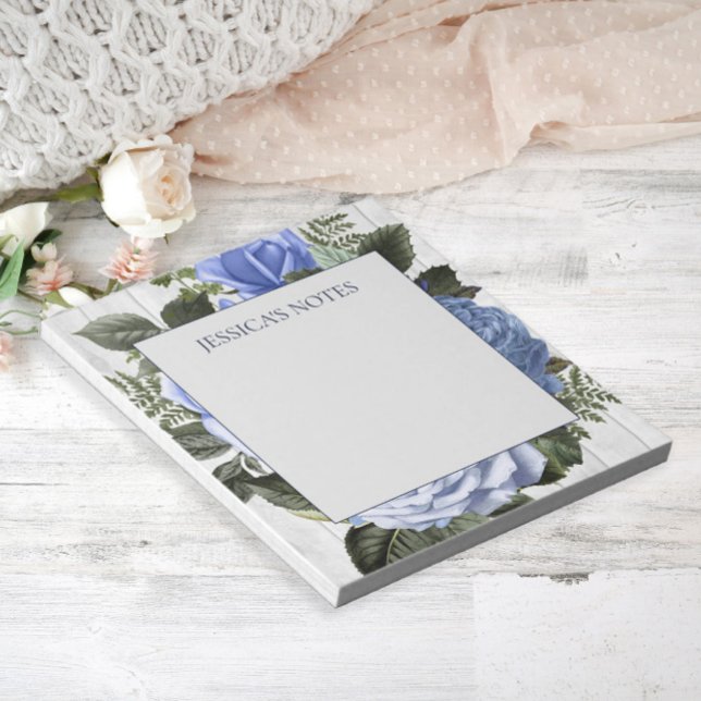 Bloc-note Roses Bleus Bois Rustique Blanc Note de Nom (Créateur téléchargé)