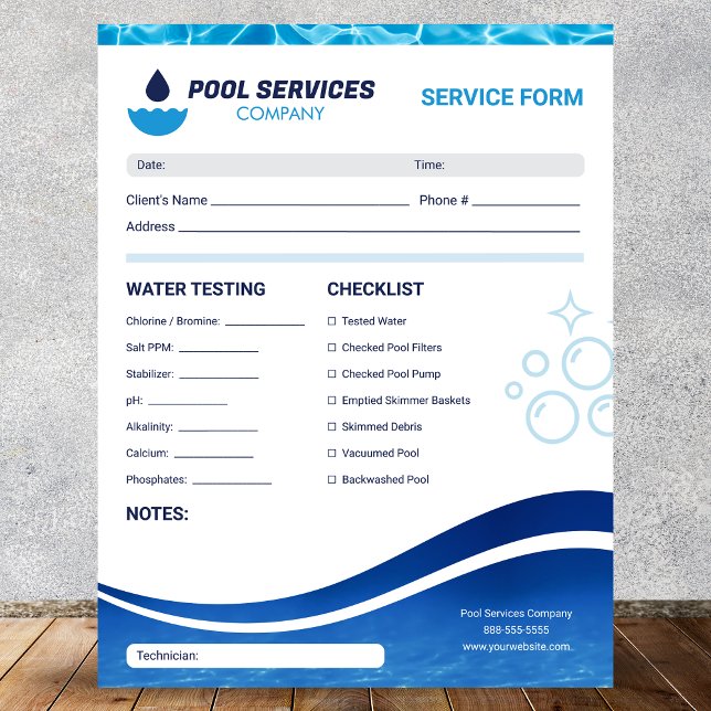 Bloc-note Services De Piscine | Formulaire de service de mai (Créateur téléchargé)