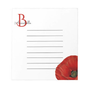 Bloc-note Simple Monogrammé Coquelicot Rouge Ligné