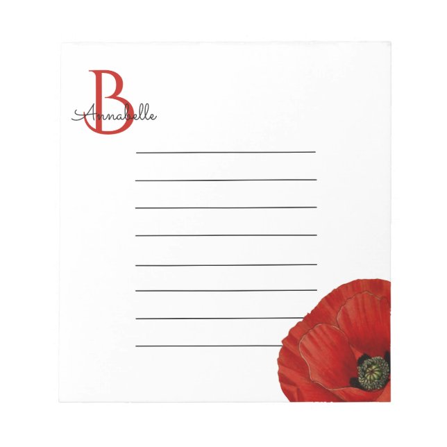 Bloc-note Simple Monogrammé Coquelicot Rouge Ligné  (Devant)