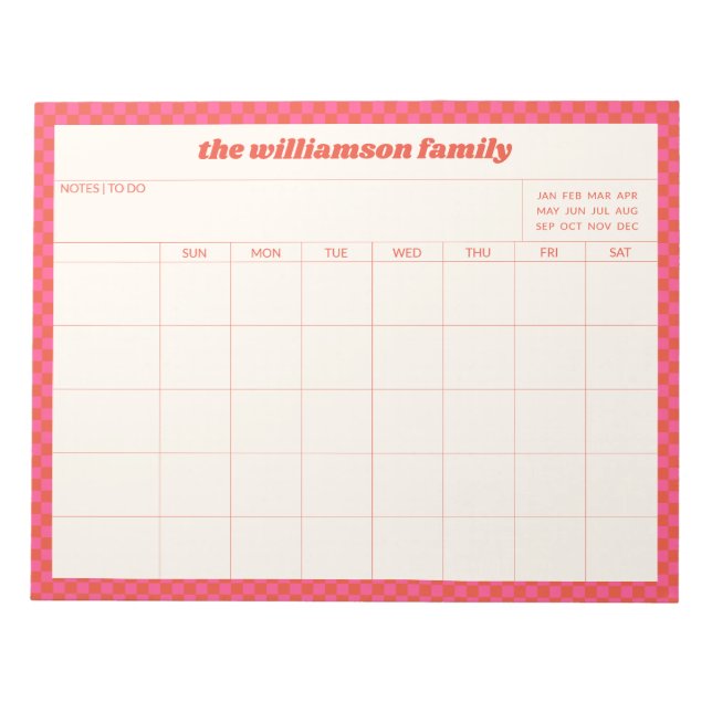 Bloc-note Simple Pink Red Checkered Family Planner Calendar  (Devant)