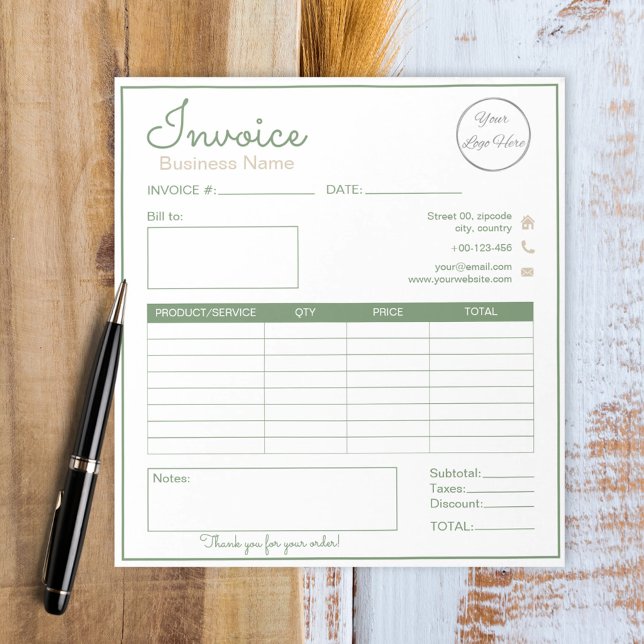 Bloc-note Simple sauge vert avec logo petite facture d'entre (Créateur téléchargé)