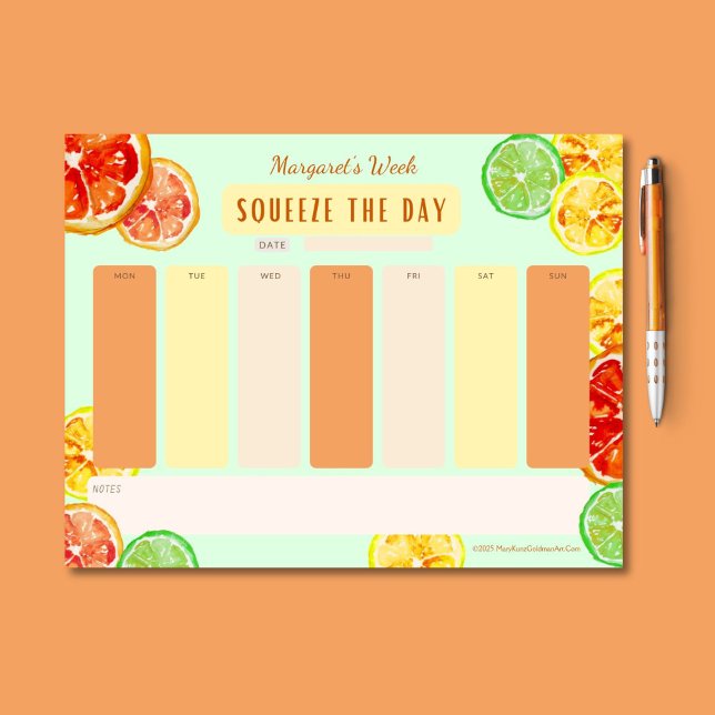 Bloc-note Squeeze The Day Citrus Motivation Planificateur He (This citrus week-at-a-glance notepad has a zesty palette of orange, lime green, and lemon yellow.)