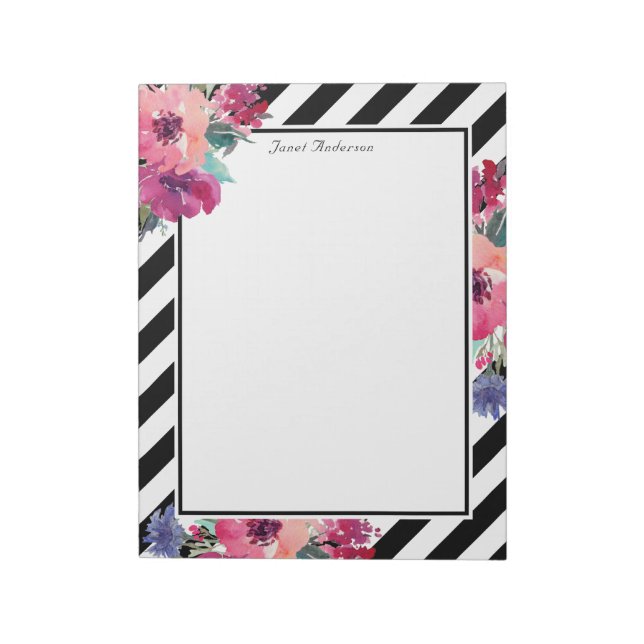 Bloc-note Stripes et motifs floraux avec votre nom (Tourné)