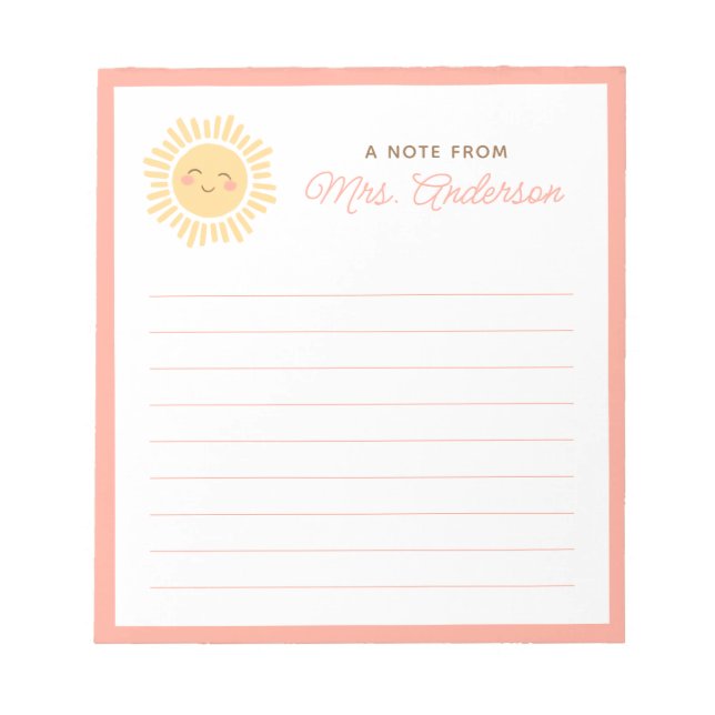 Bloc-note Sunshine Cadeau d'appréciation personnalisé enseig (Devant)