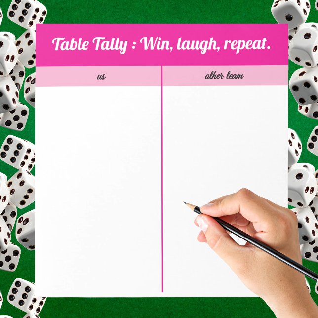 Bloc-note Table de Bunco simple rose moderne Tally (Pink & white Bunco tally sheet with “Win, Laugh, Repeat” saying. Easy to read, score & play!)