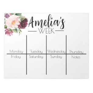 Bloc-note Tableau de notes du calendrier hebdomadaire
