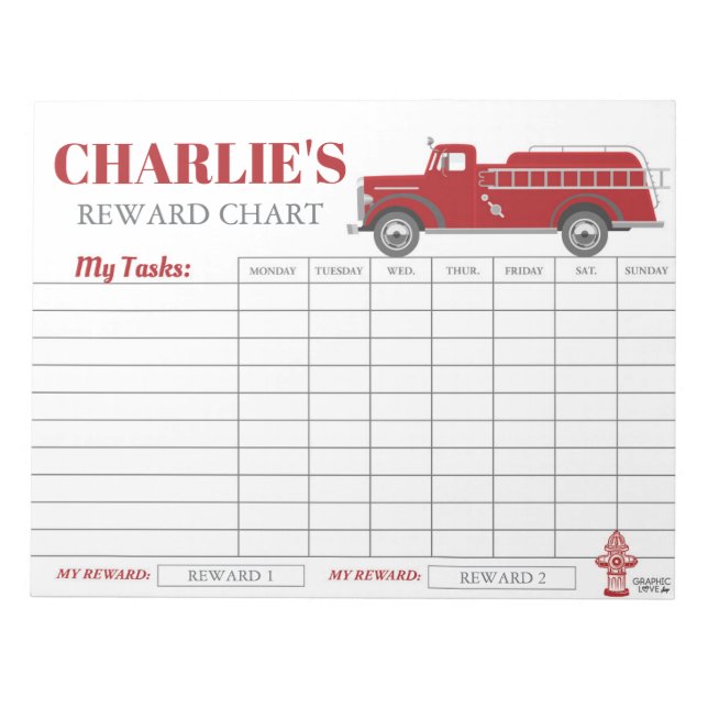 Bloc-note Tableau de récompense de camion de pompiers Nom et (Devant)