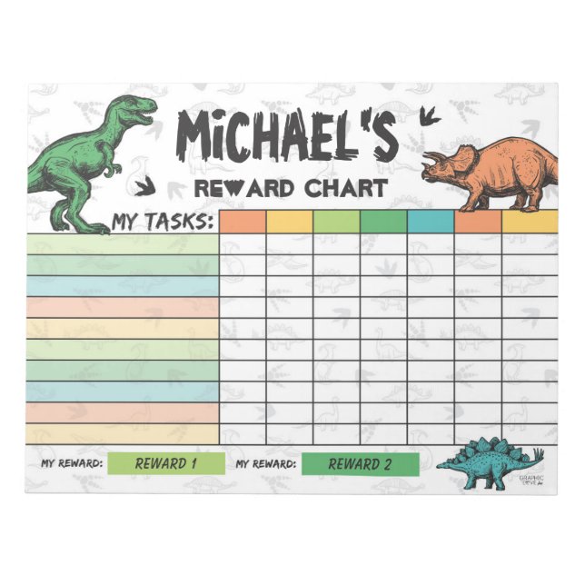 Bloc-note Tableau de récompenses Dinosaur Nom et tâches pers (Devant)