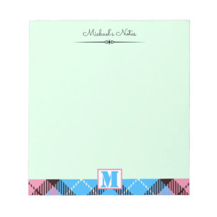 Bloc-note Tartan bleu rose Personnalisé Script Monogramme No