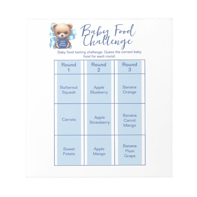 Bloc-note Teddy Bear Blue Baby shower Food Challenge Jeu (Devant)